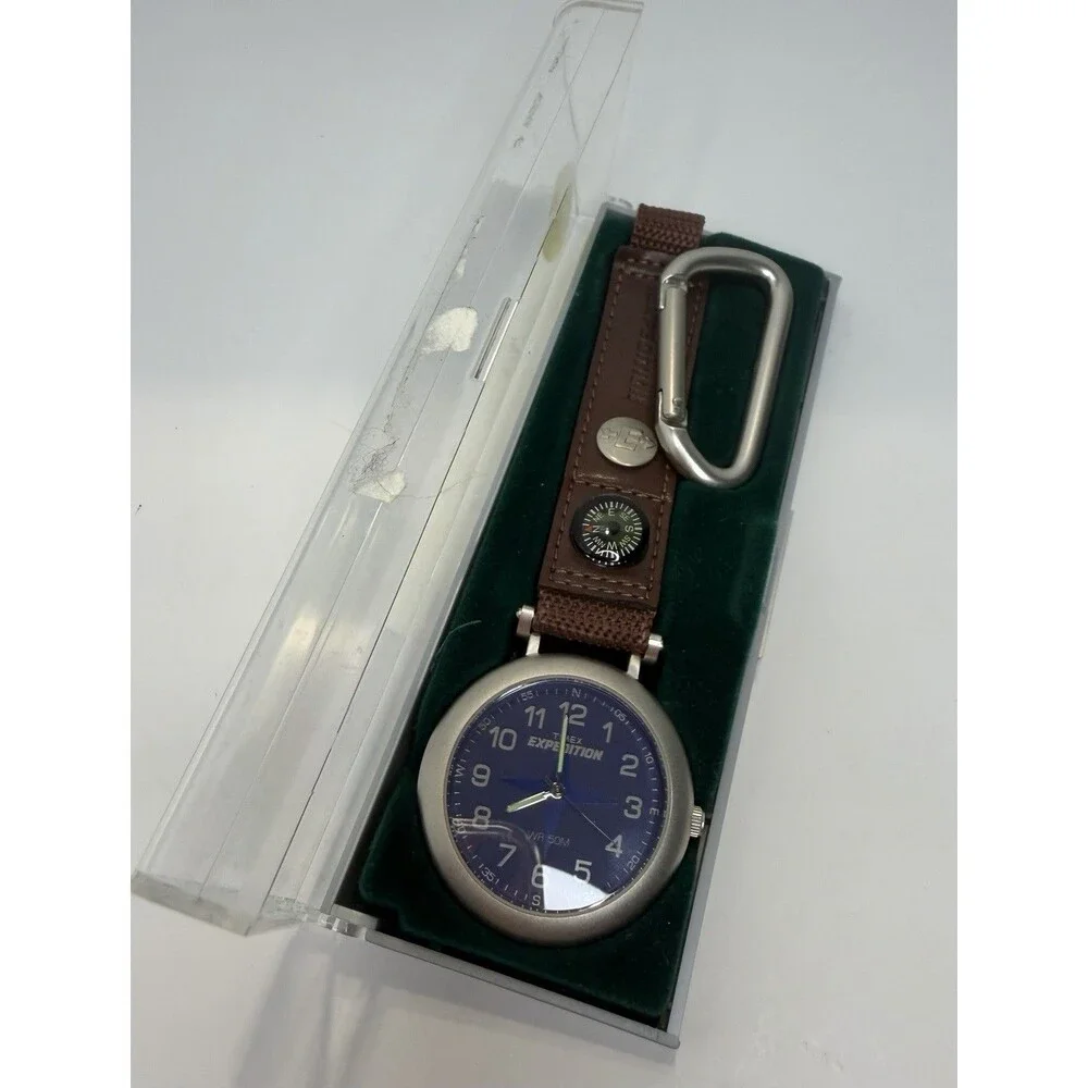 NIB VTG Timex Expedition Pocket Watch Silver Blue Dial Compass Carabiner